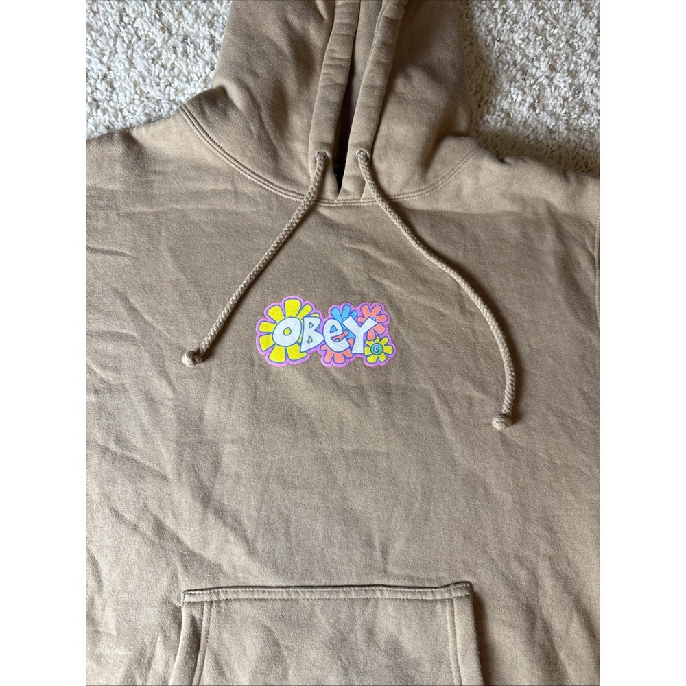 Obey Flower Logo Women's Tan Hoodie Size Medium EUC By Independent Trading Co.